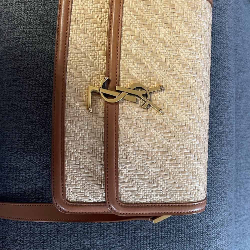 Saint Laurent Straw & Brown Leather Shoulder Bag